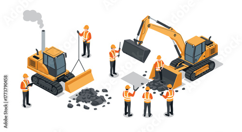 Isometric construction machinery and workers scene with excavator and bulldozer