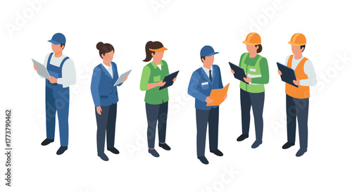 Isometric workers collaborating in uniform - teamwork in construction and management