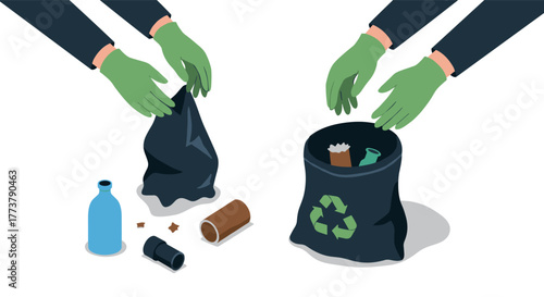 Isometric recycling concept with green gloves and trash sorting bins