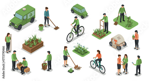 Isometric urban gardening and eco-friendly transport activities