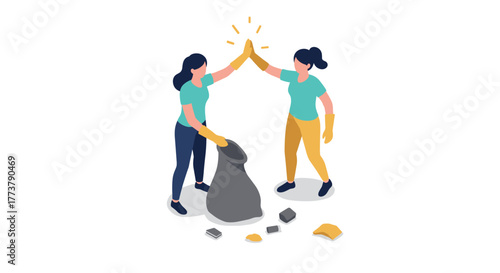 Isometric teamwork: women collaborate on cleanup with high five gesture