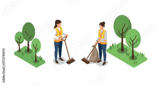 Isometric cleaning team in park setting with trees and greenery