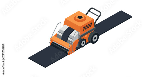Isometric road roller on black asphalt path in construction scene