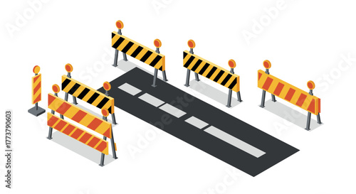 Isometric construction barricades on road with warning signs