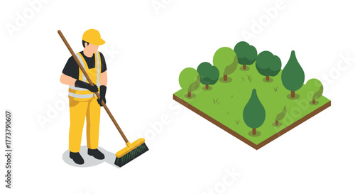 Isometric gardener with broom and green landscape scene