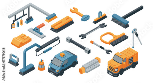 Industrial cleaning tools and vehicles in isometric design