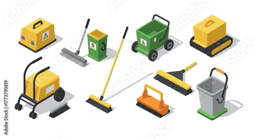 Isometric cleaning equipment set on white background