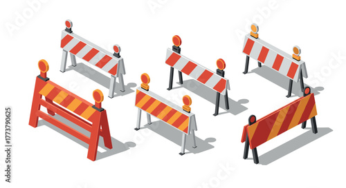 Various isometric construction barriers with warning lights on white background
