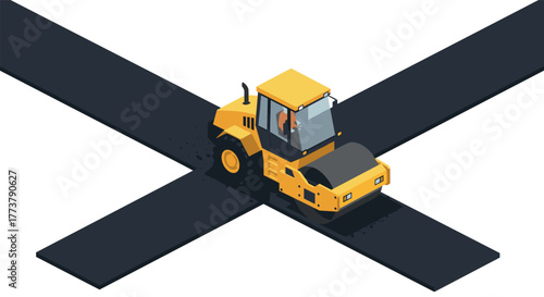 Isometric yellow road roller on asphalt crossroads for construction design