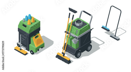 Isometric cleaning tools set with mops and equipment on white background