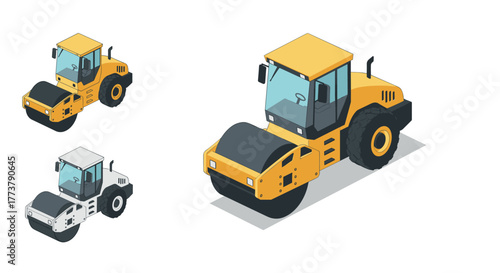 Isometric construction rollers in colorful variations on white background