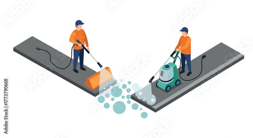 Isometric pressure washing workers cleaning surfaces with modern equipment and bubbles