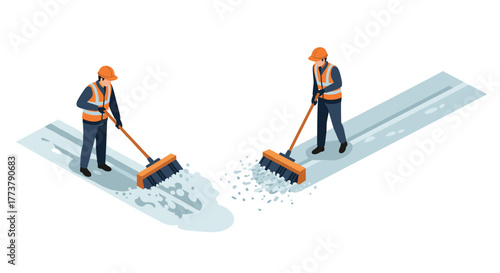 Isometric workers sweeping road with brooms in safety gear