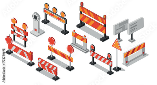 Isometric construction barrier set with orange and red safety signs