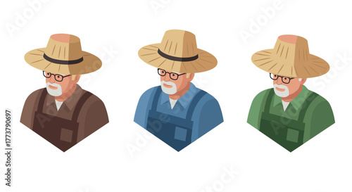 Elderly farmers in isometric style with hats and glasses in various outfits