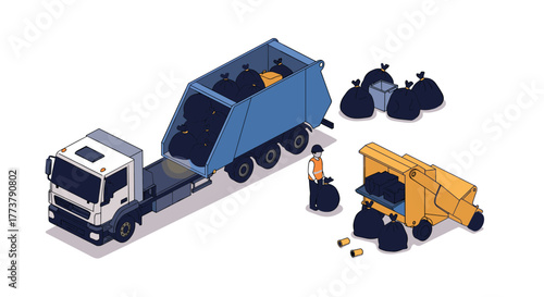 Isometric garbage truck and worker with trash bags: detailed waste management concept