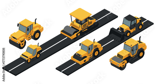 Isometric construction vehicles on road: bulldozers, pavers, and rollers