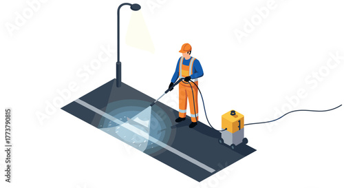Isometric worker cleaning street with pressure washer at night