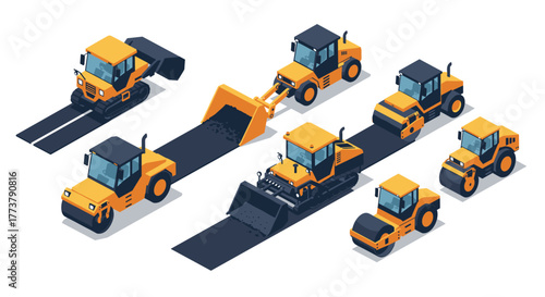 Isometric construction machinery collection on white background