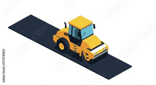Isometric construction roller on fresh asphalt road in minimalist style