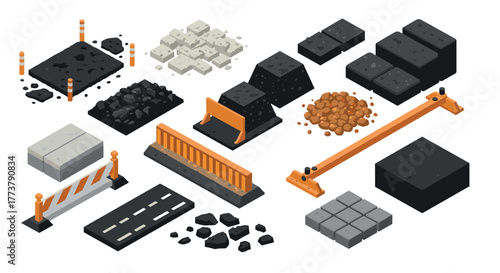 Isometric construction elements set with barriers, asphalt, and cement blocks