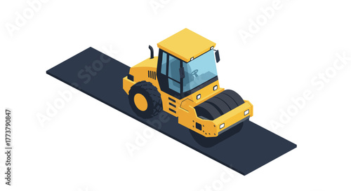 Isometric road roller on asphalt pathway