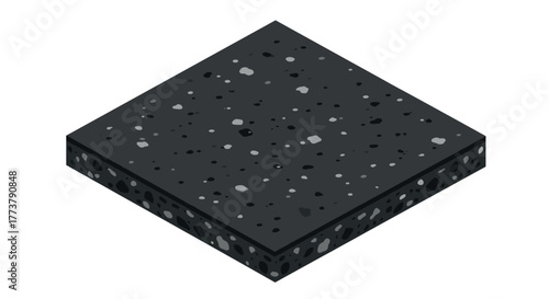 Isometric black concrete block with speckled texture and porous surface