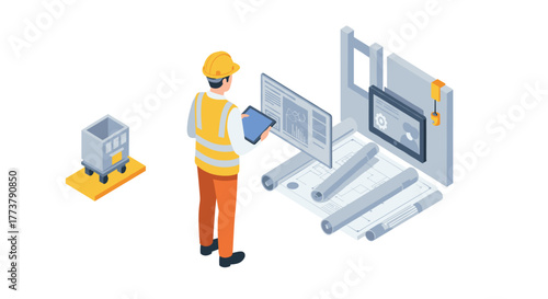 Isometric engineer analyzing digital construction plans on tablet with 3d blueprint model