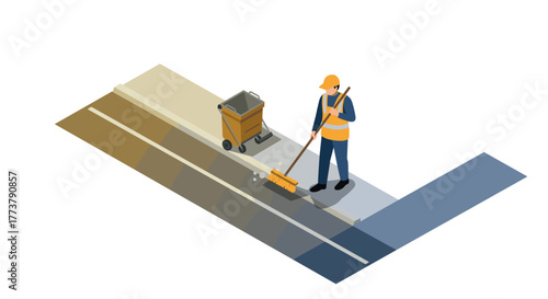 Isometric street cleaner sweeping road with equipment in urban setting