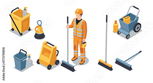 Isometric cleaning equipment and worker set for maintenance services