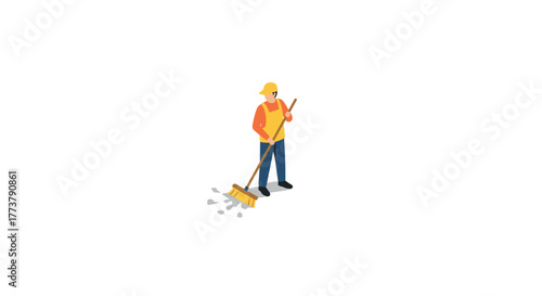 Isometric cleaning worker sweeping debris with broom