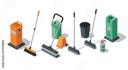 Isometric cleaning tools and equipment set in modern design