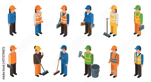 Isometric construction worker collection with tools and equipment