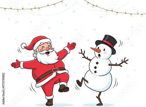 Happy Santa Claus dancing with cheerful snowman in winter holiday scene, joyful Christmas celebration cartoon illustration with festive snow background