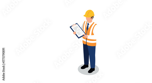 Construction worker wearing safety gear holding clipboard in isometric style