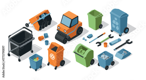 Isometric waste management icons: recycling, trash bins, cleanup equipment, dumpster, sweeper truck, tools