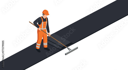 Road construction worker using asphalt tool in isometric style