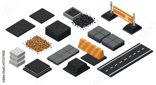 Isometric construction materials set with asphalt pavement and road elements