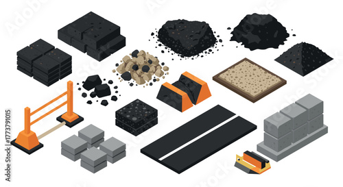 Isometric construction materials set with asphalt and concrete elements