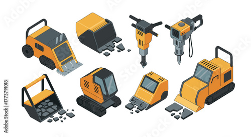 Isometric construction machinery collection: vibrant excavators and drills