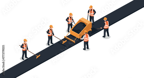 Isometric road construction crew with machinery on asphalt surface