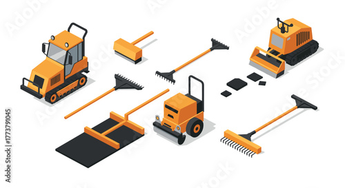 Isometric construction equipment set featuring bulldozers and road rollers