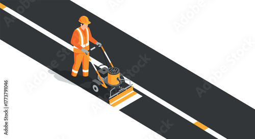 Isometric road worker painting traffic lines with machine on asphalt