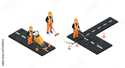 Isometric road construction scene with workers and equipment