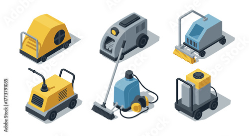 Isometric cleaning machines set for industrial facility maintenance