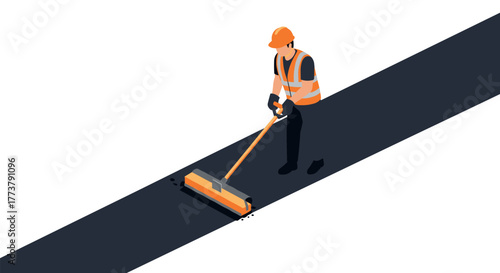 Isometric road worker sweeping asphalt in high visibility gear
