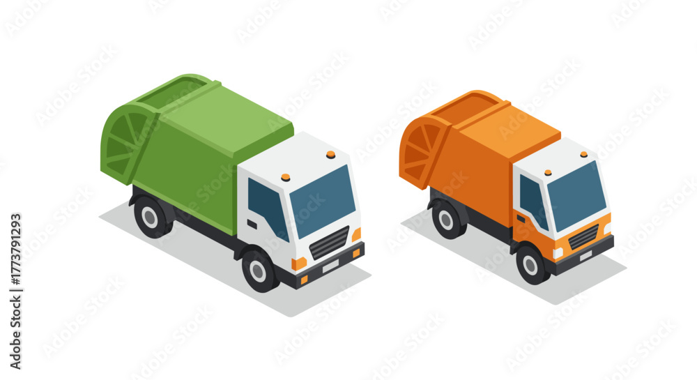 Fototapeta premium Isometric garbage trucks in green and orange on white background