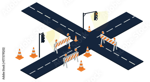 Isometric road intersection with traffic lights and safety barriers