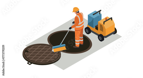 Isometric worker cleaning sewer drain with machine and safety gear