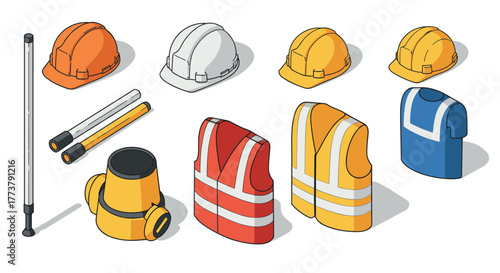 Isometric construction gear: safety helmets, reflective vests, and tools